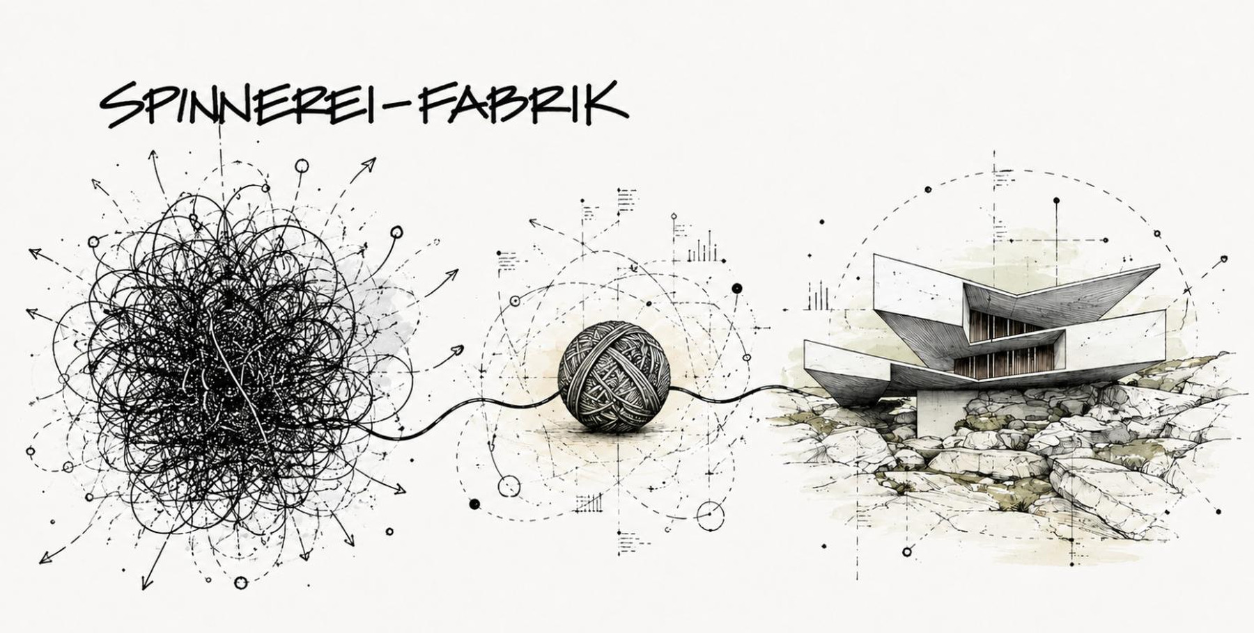 Spinnerei-Fabrik — Zeichnung: aus einem verworrenen Knäuel wird ein Wollknäuel und daraus ein Gebäude auf Felsen